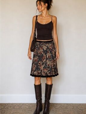 United Colors of Benetton Floral Velvet Trim Y2K Midi Skirt S